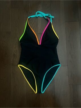 NWOT Womens Popvil Black One-Piece Swimsuit with Neon Trim
